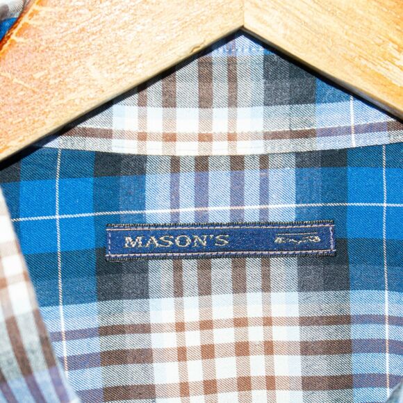 MASON'S Flannel Shirt Blue Brown Plaid Cotton Size XL - Picture 3 of 7